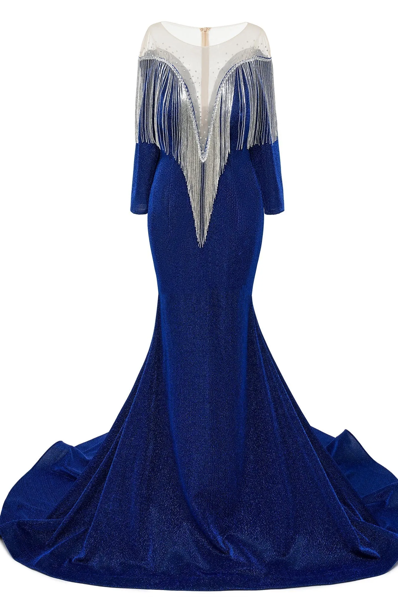 kamahe Deep V-neck Shiny Royal Blue Long sleeves Mermaid Prom Dress