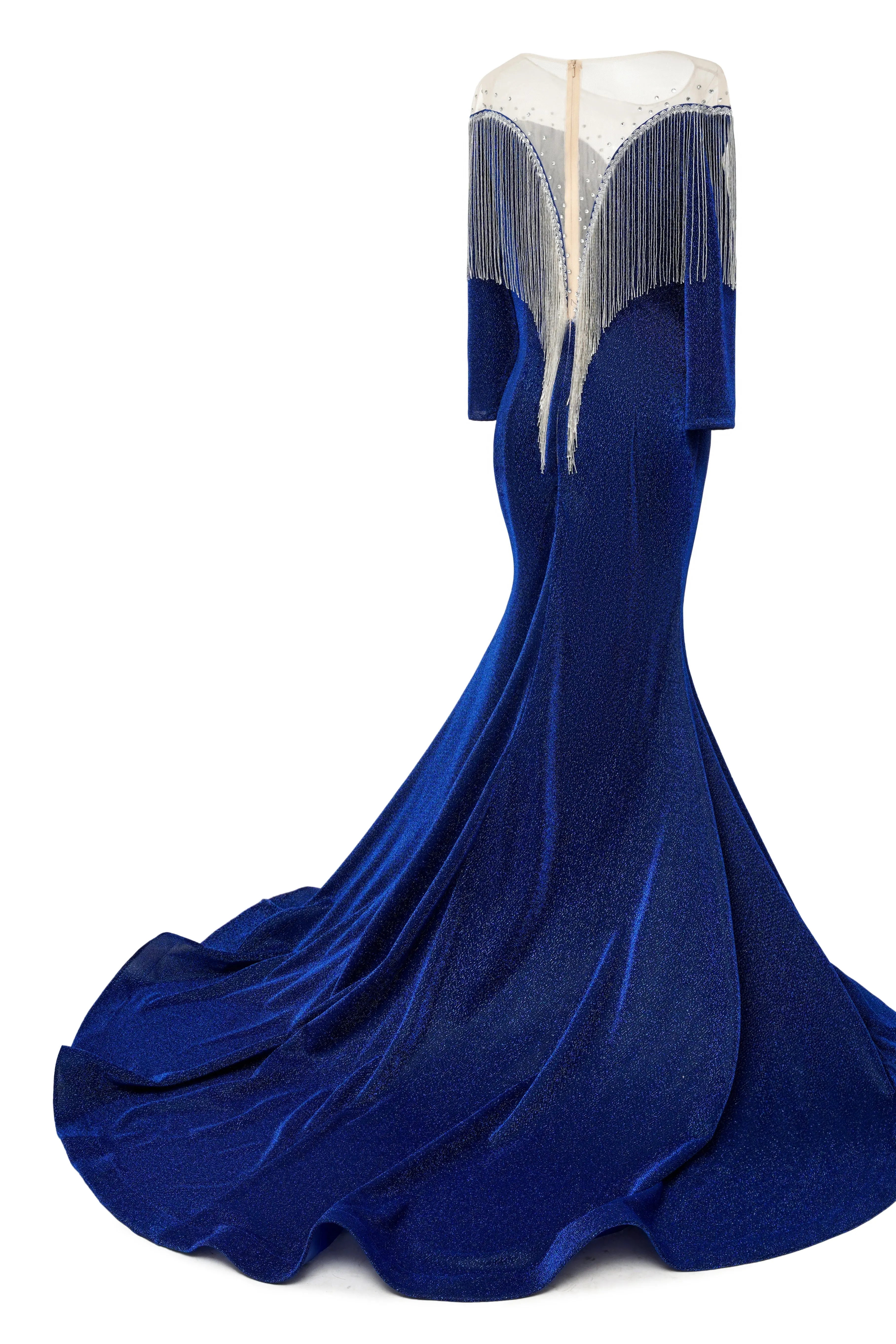 kamahe Deep V-neck Shiny Royal Blue Long sleeves Mermaid Prom Dress