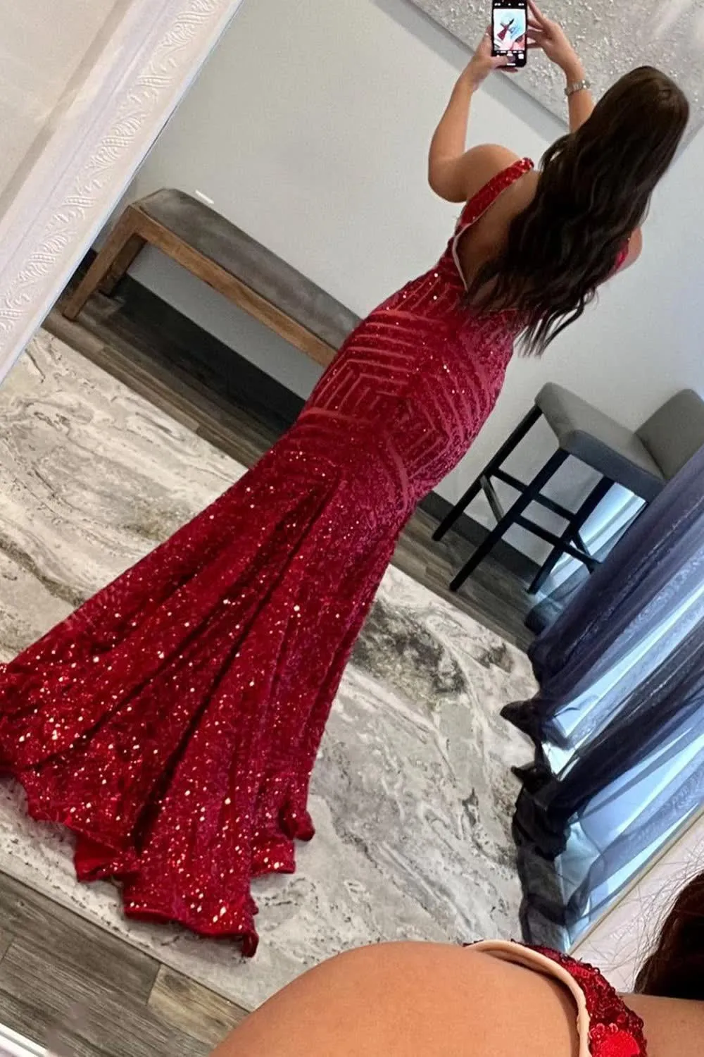 kamahe Fuchsia Deep V Neck Sequin Mermaid Prom Dress