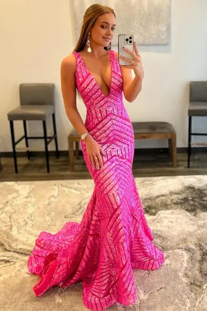 kamahe Fuchsia Deep V Neck Sequin Mermaid Prom Dress