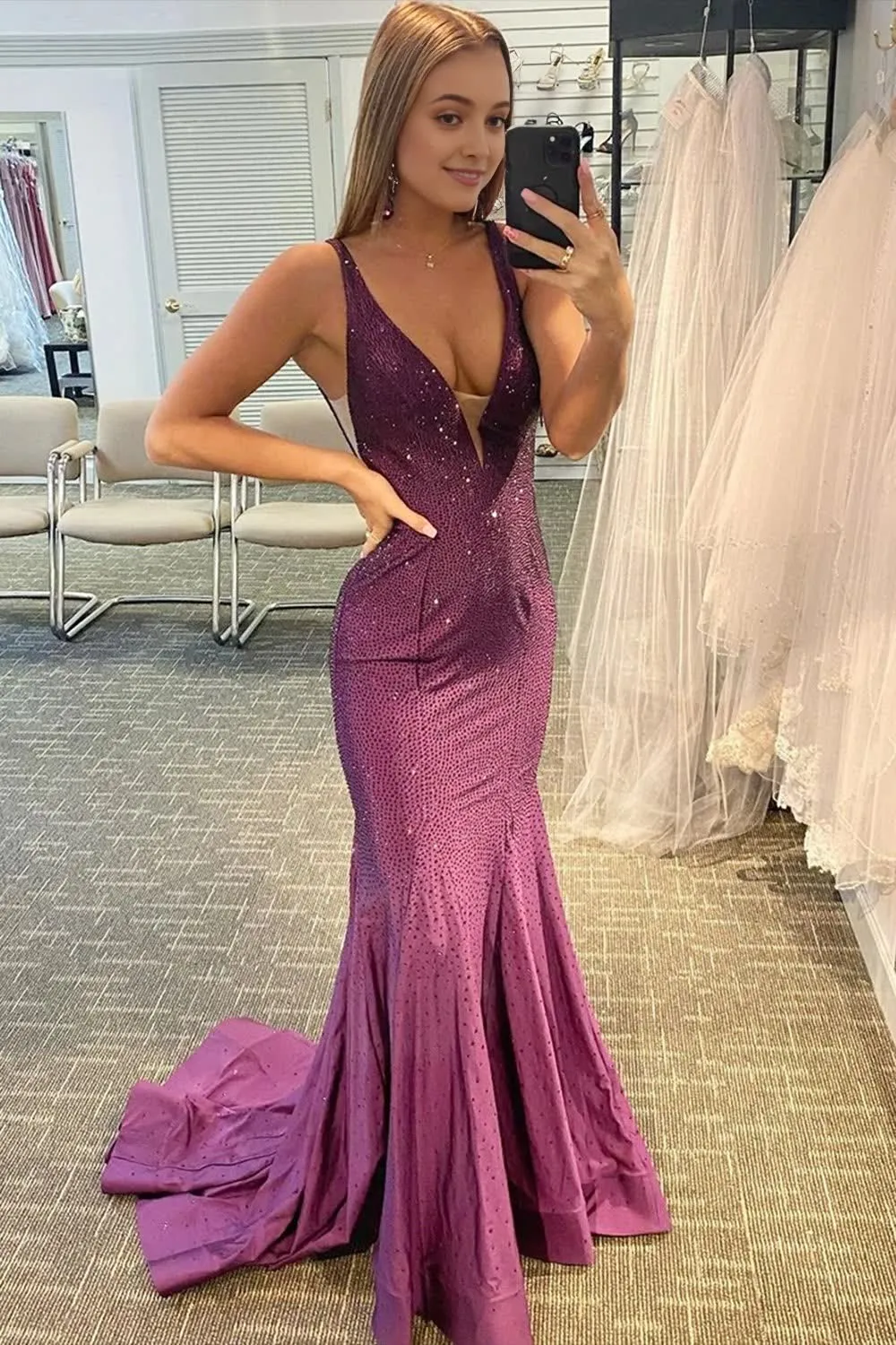 kamahe Mermaid Deep V Neck Royal Blue Long Prom Dress with Beading Party Dresses