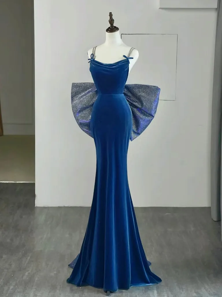 kamahe Simple Velvet Blue Mermaid Long Prom Dress, Backless Velvet Blue Evening Dress