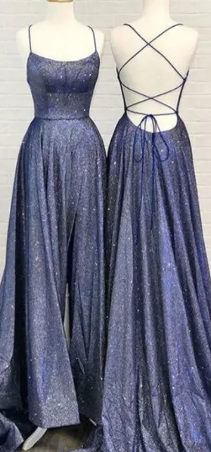 kamahe Unique Backless Long Prom Dress Navy Blue Evening Dress