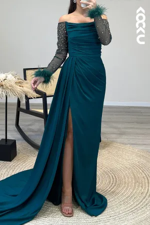 L1265 - Off Shoulder Long Sleeves Beaded Feather Satin Sheath Formal Dress