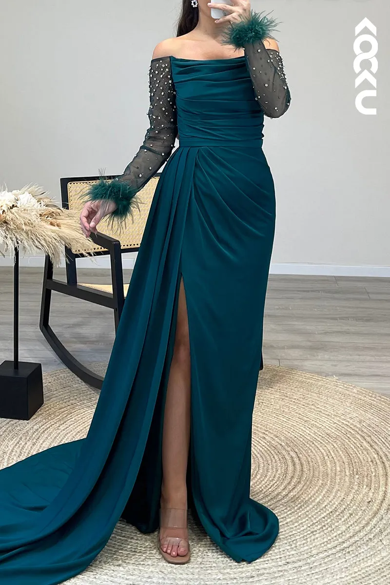 L1265 - Off Shoulder Long Sleeves Beaded Feather Satin Sheath Formal Dress