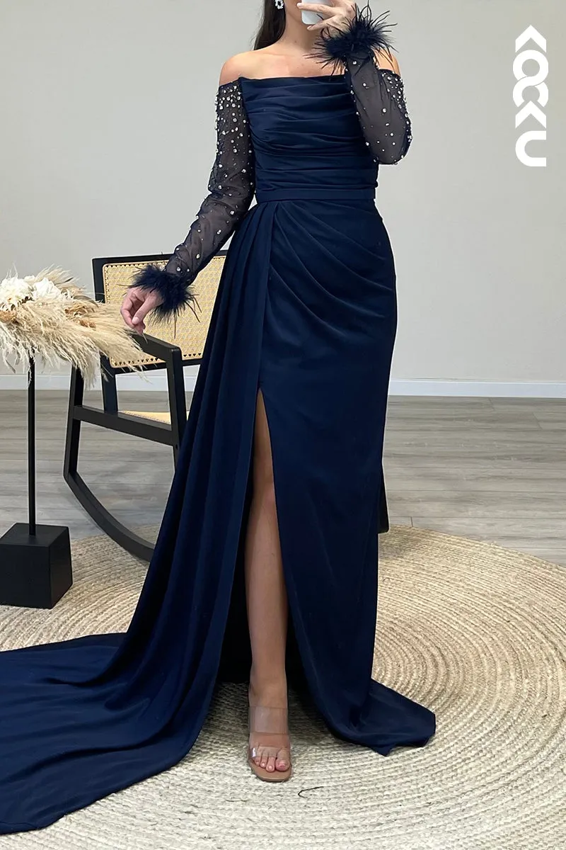 L1265 - Off Shoulder Long Sleeves Beaded Feather Satin Sheath Formal Dress