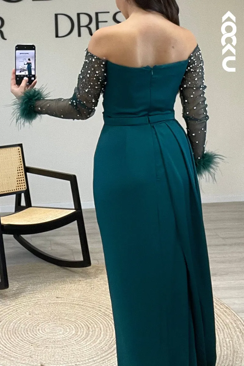 L1265 - Off Shoulder Long Sleeves Beaded Feather Satin Sheath Formal Dress