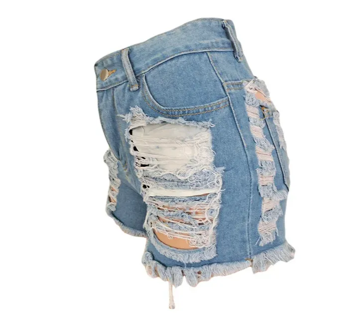 Light Blue Ripped Cut Out Denim Shorts with Tassel Women Streetwear High Waist Jeans