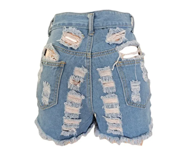 Light Blue Ripped Cut Out Denim Shorts with Tassel Women Streetwear High Waist Jeans