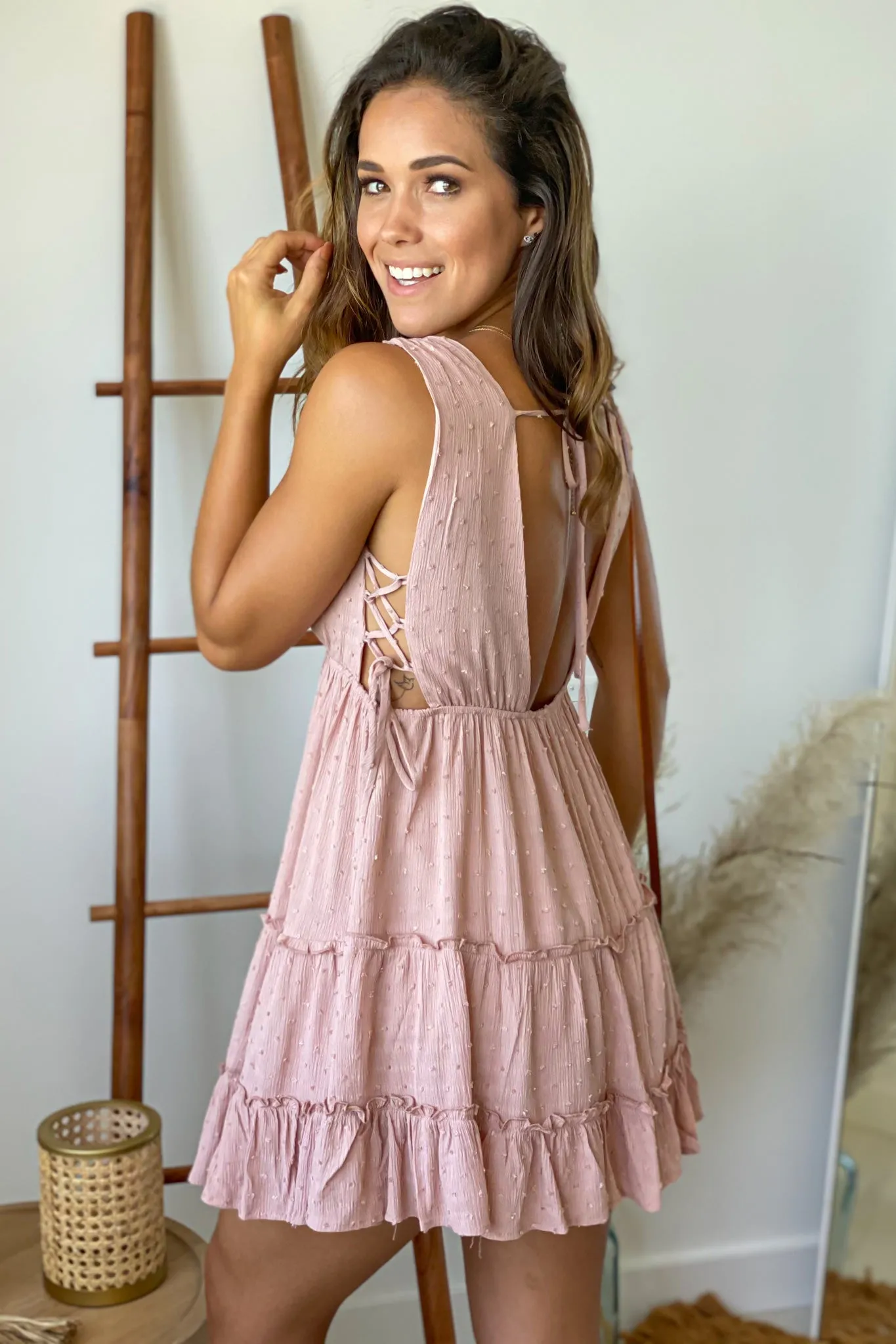 Light Mocha V-Neck Short Dress