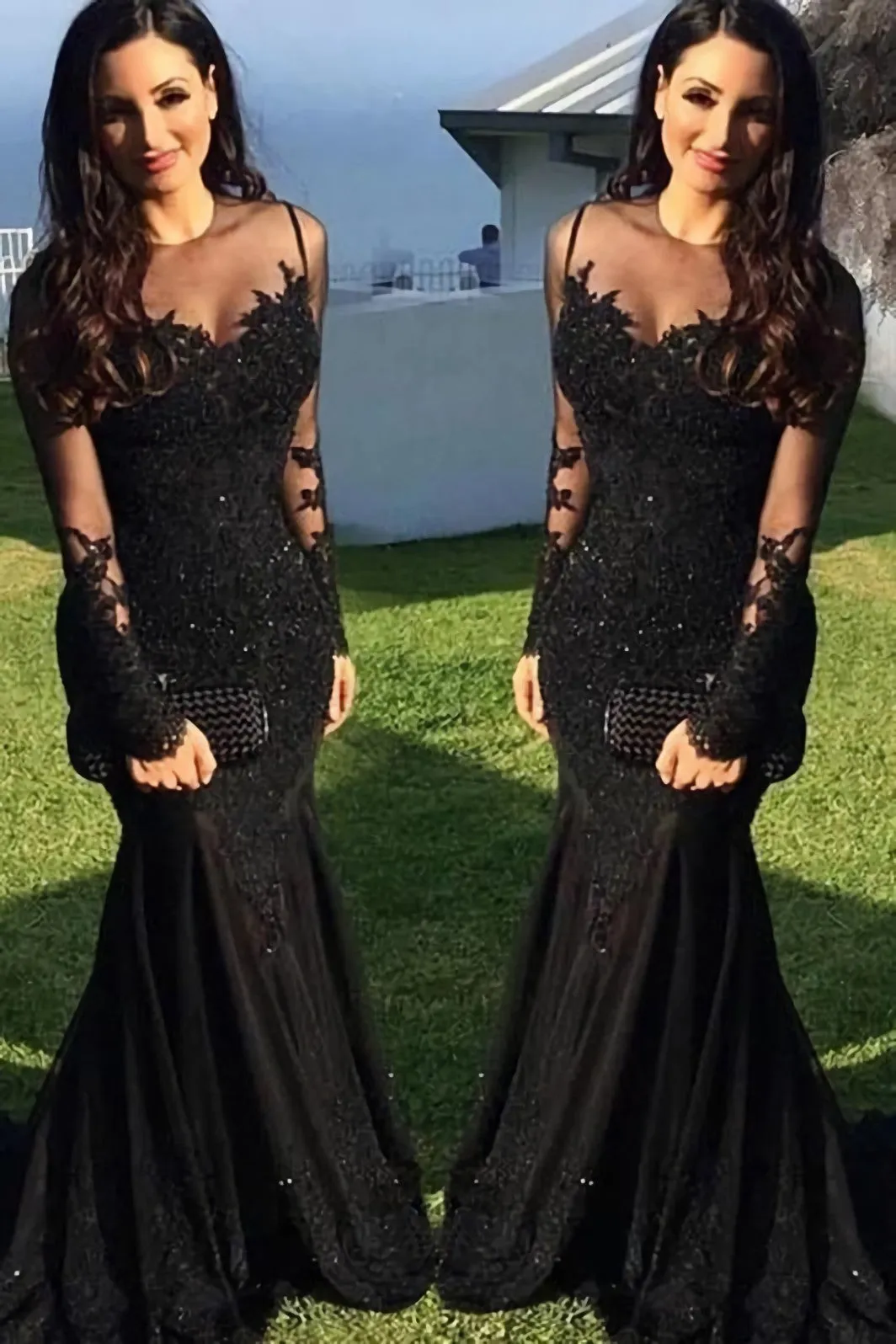 Long-Sleeve Black Lace Evening Dresses With See-Through Neckline