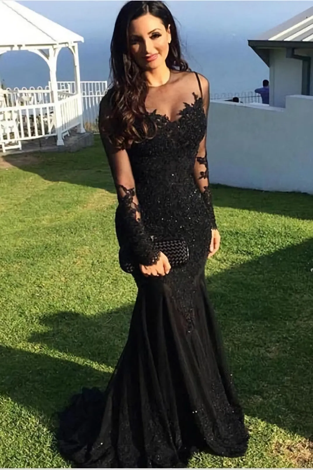 Long-Sleeve Black Lace Evening Dresses With See-Through Neckline