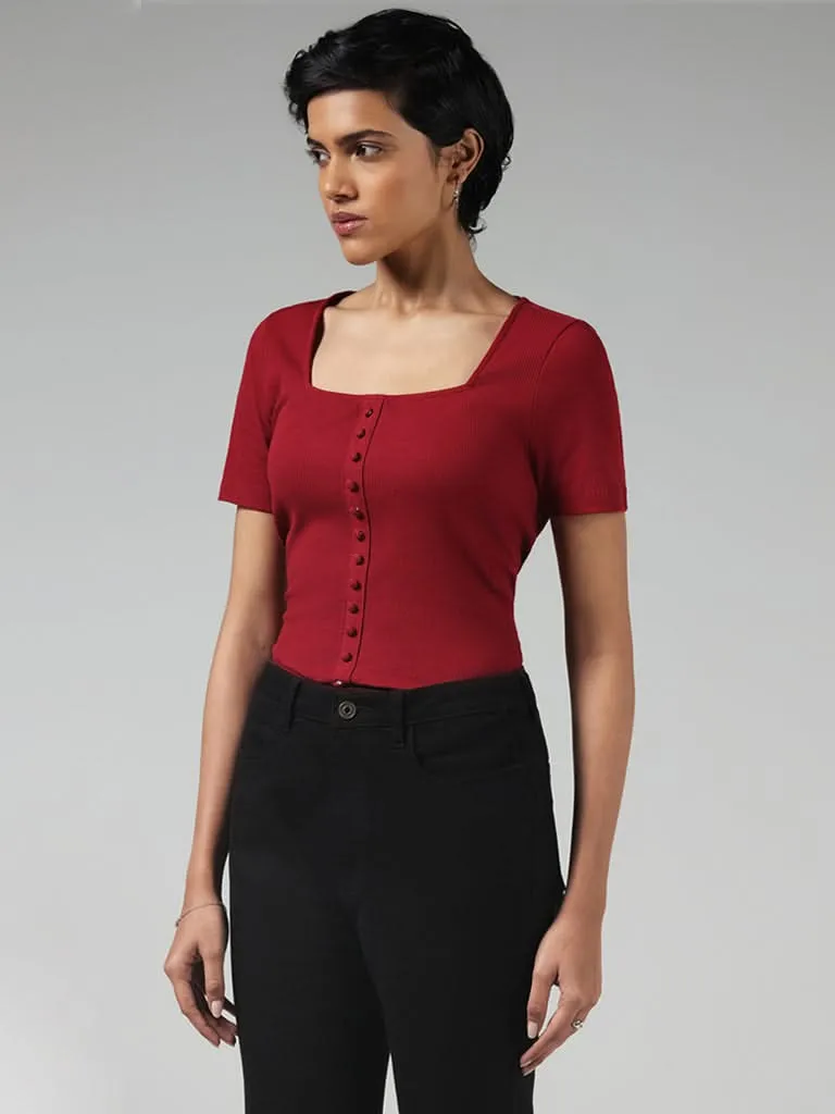 LOV Solid Burgundy Cotton Blend Ribbed Top