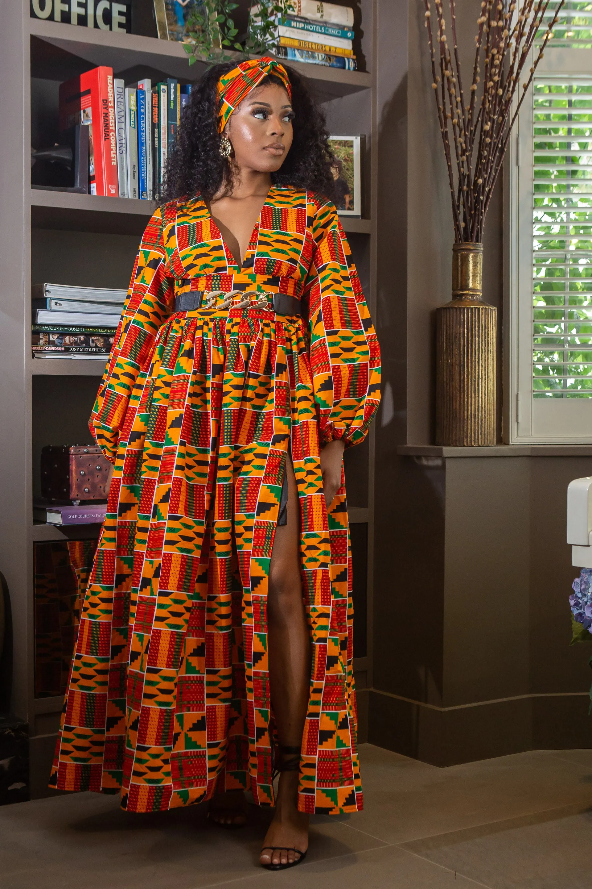 Low Neck Deep V Long Sleeve | African Maxi Dress  - KENYA