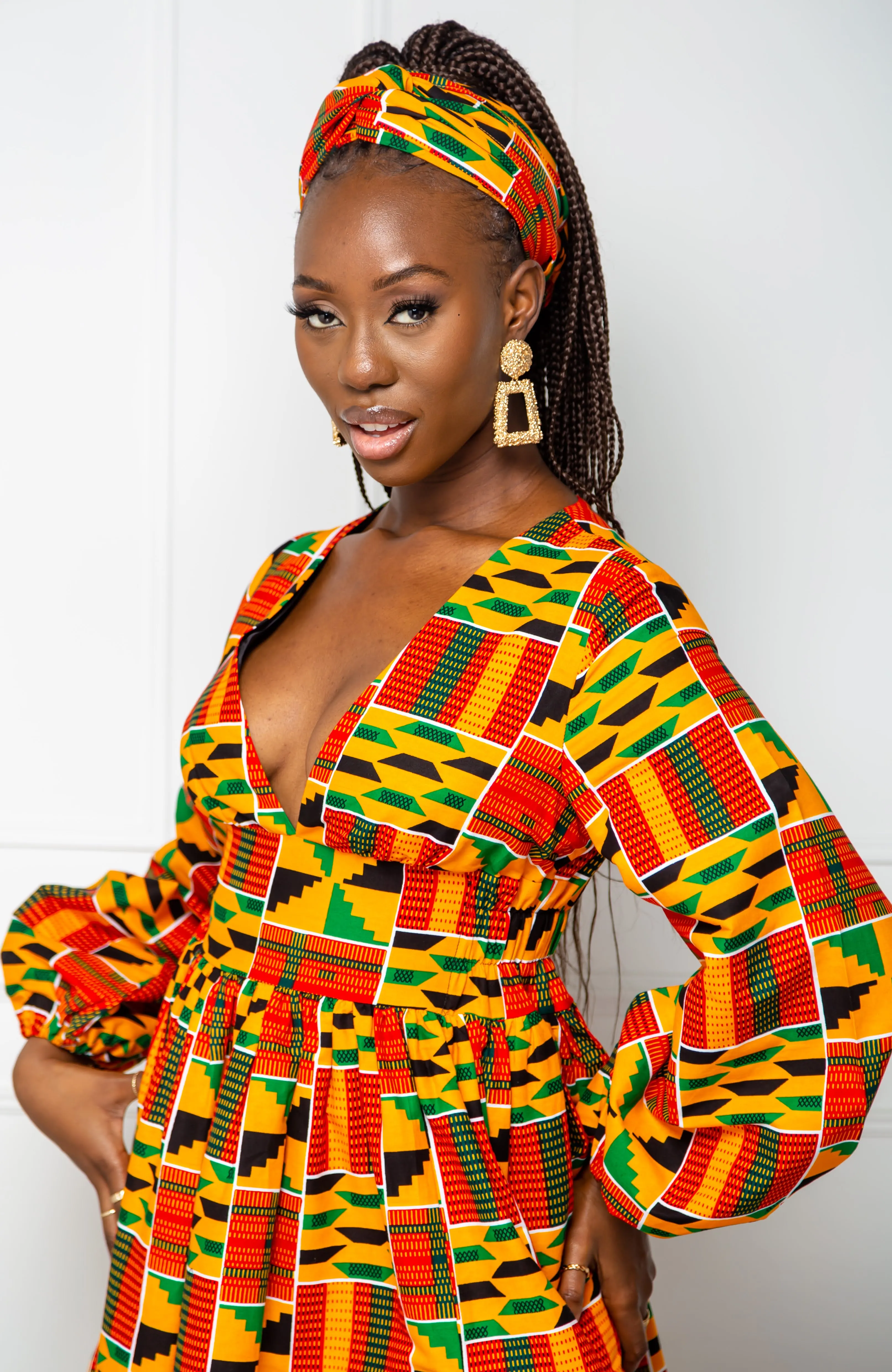 Low Neck Deep V Long Sleeve | African Maxi Dress  - KENYA