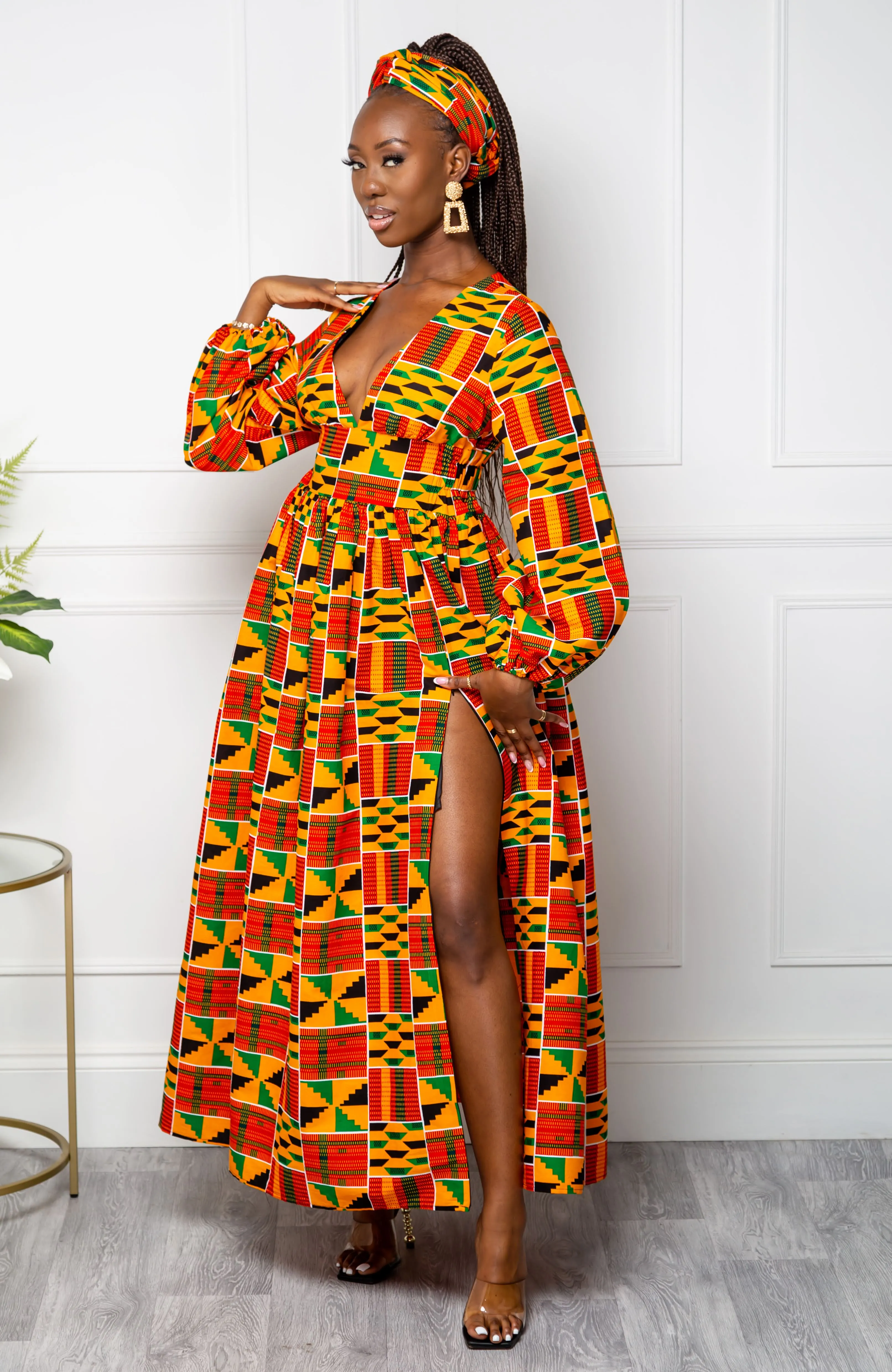 Low Neck Deep V Long Sleeve | African Maxi Dress  - KENYA