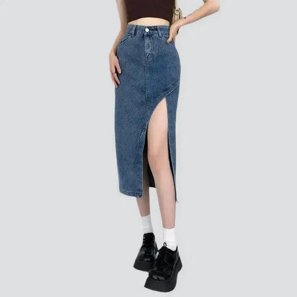 Medium-wash high-waist jean skirt