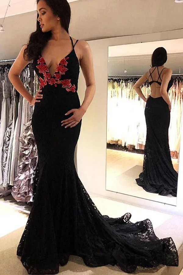 Mermaid Black Lace Deep V-neck Embrodiery Flower Prom Dress