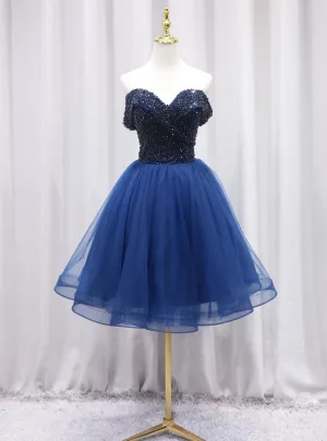 Navy Blue Tulle Off the Shoulder Beading Homecoming Dress