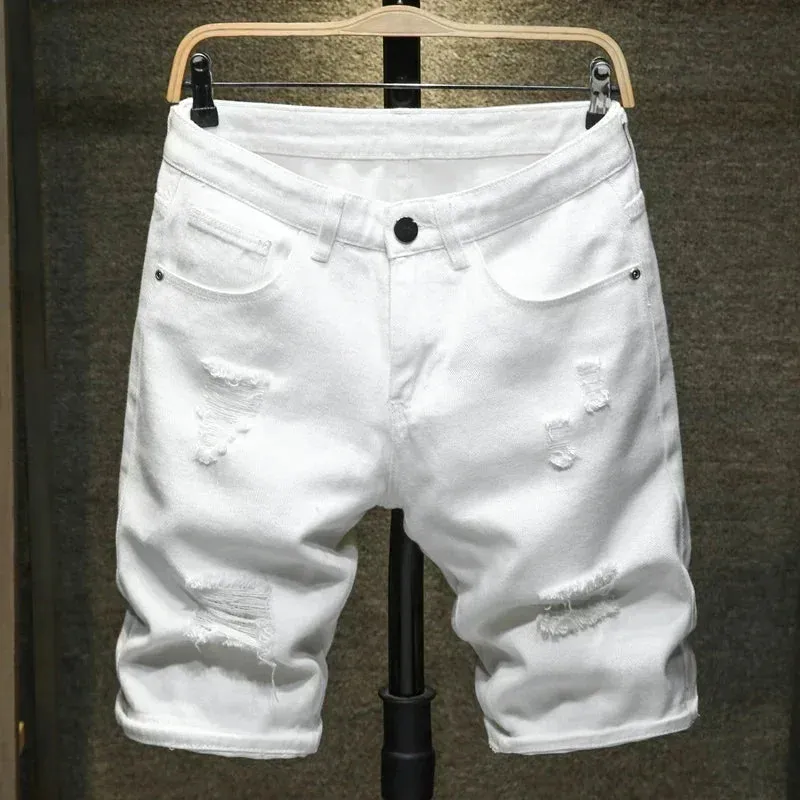 New Men's Simple Jeans Shorts Street Wear Fashionable Ripped Knee-length