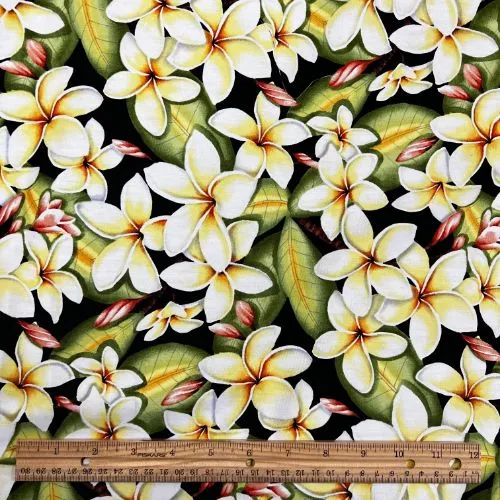 Plumeria All Over Hawaiian Fabric | Black 0223 BLK-0013C