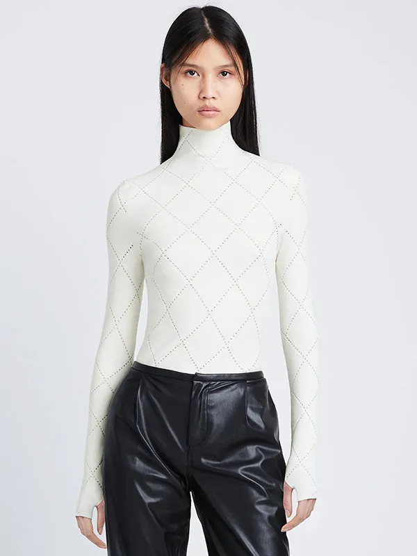 Pointelle Diamonds Turtleneck Top In Off White