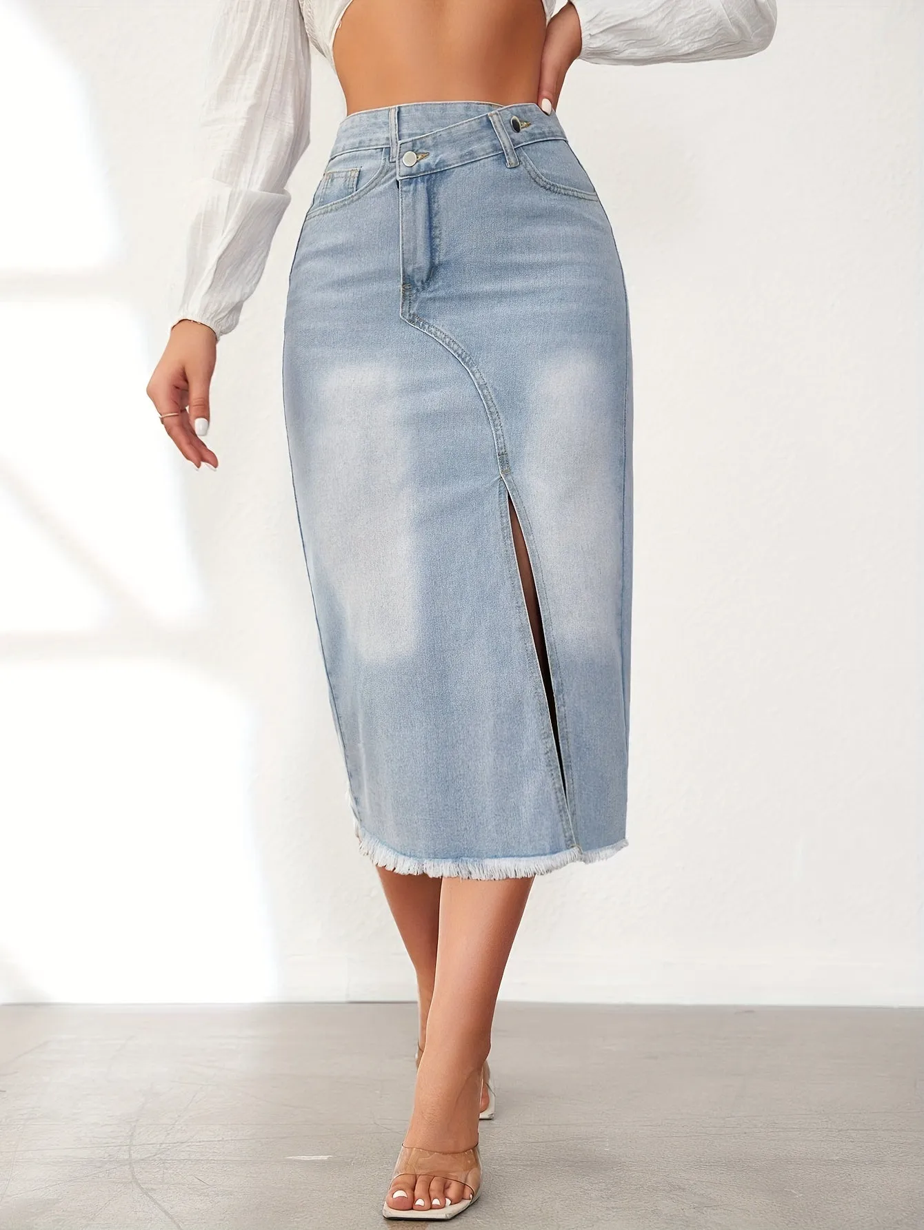 Raw Hem Split Stepped Waist Denim Skirt, Slash Pocket Asymmetric Casual Mini Denim Skirt, Women's Denim Jeans & Clothing