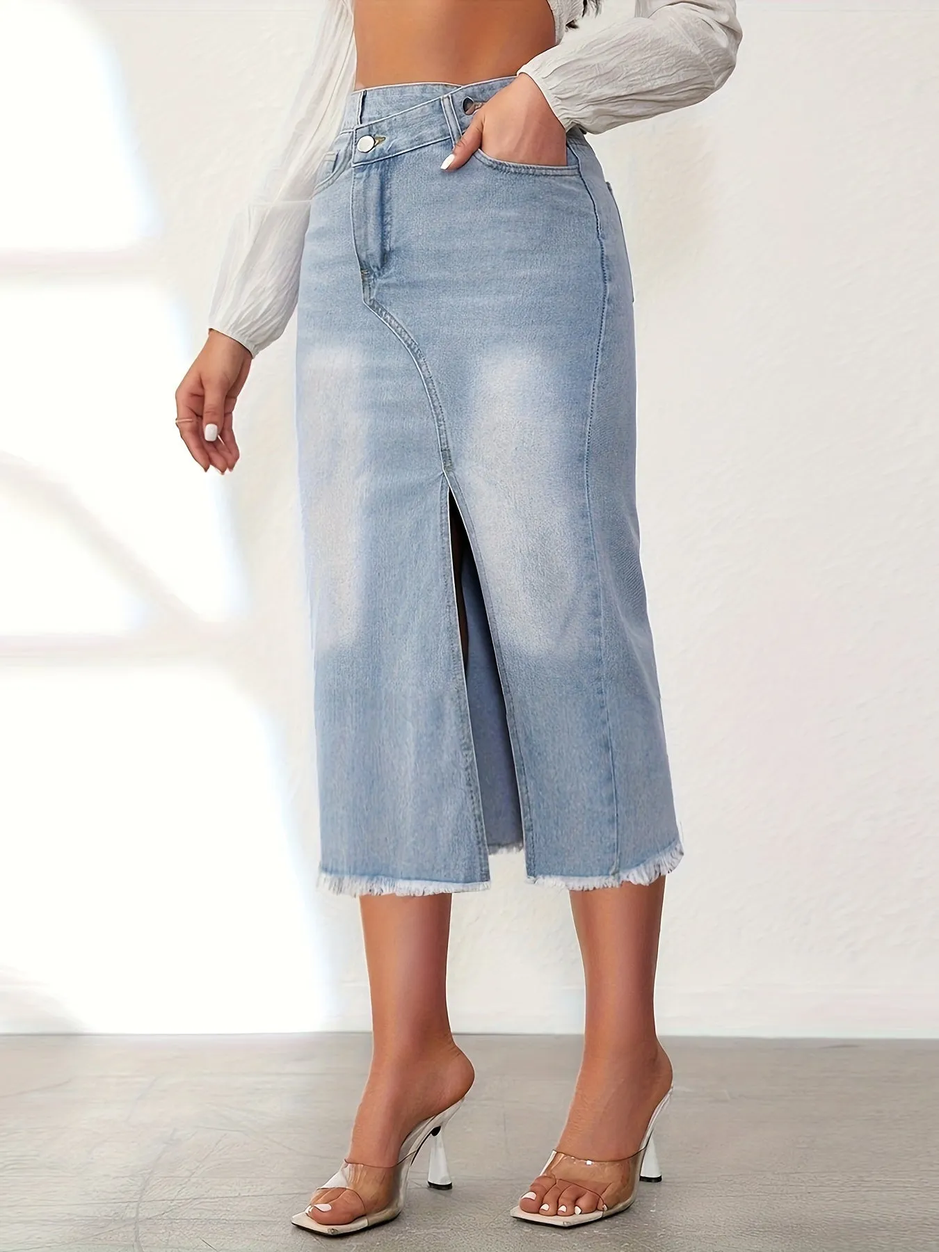 Raw Hem Split Stepped Waist Denim Skirt, Slash Pocket Asymmetric Casual Mini Denim Skirt, Women's Denim Jeans & Clothing