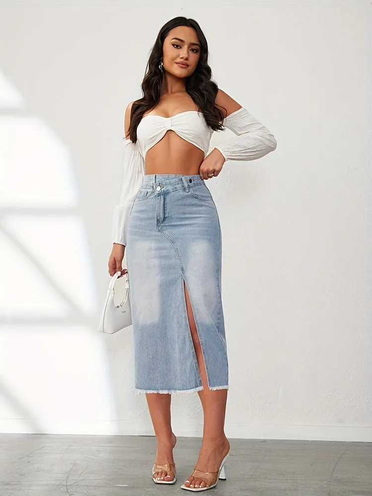 Raw Hem Split Stepped Waist Denim Skirt, Slash Pocket Asymmetric Casual Mini Denim Skirt, Women's Denim Jeans & Clothing