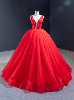 Red Ball Gown Tulle See Through V-neck Backless Beading Prom Dress