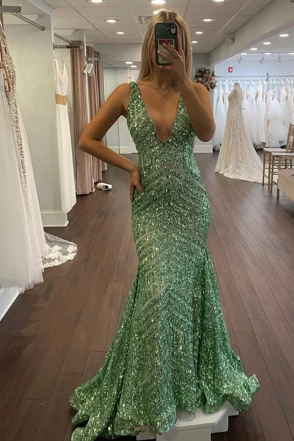 Red Sparkly Deep V Neck Sequin Mermaid Prom Dress