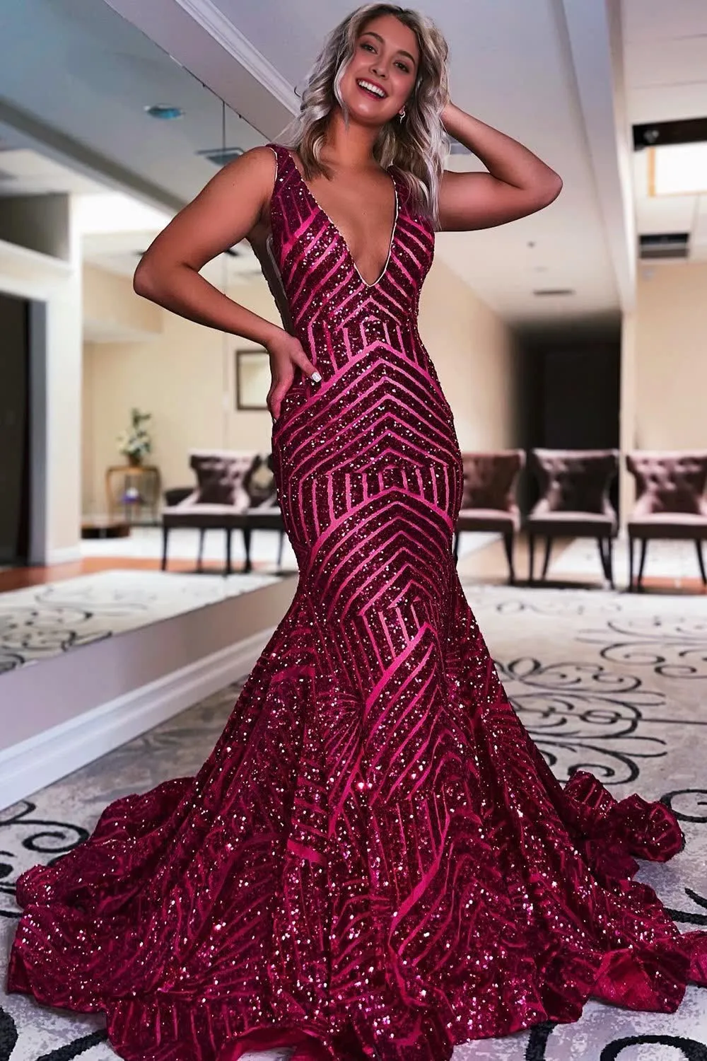 Red Sparkly Deep V Neck Sequin Mermaid Prom Dress