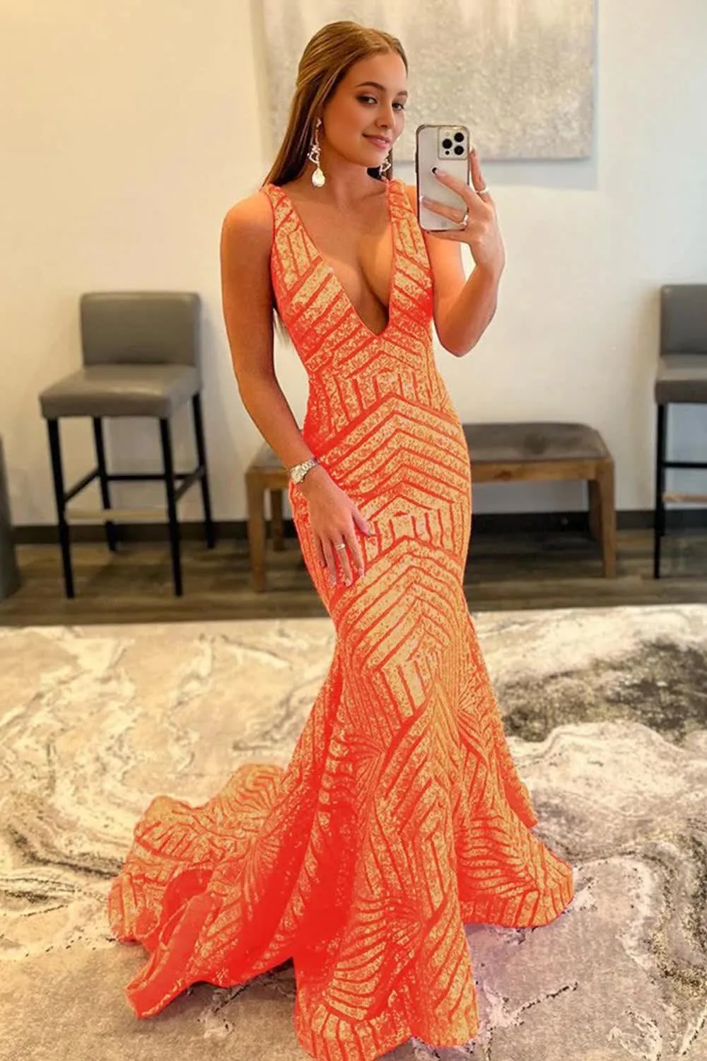 Red Sparkly Deep V Neck Sequin Mermaid Prom Dress