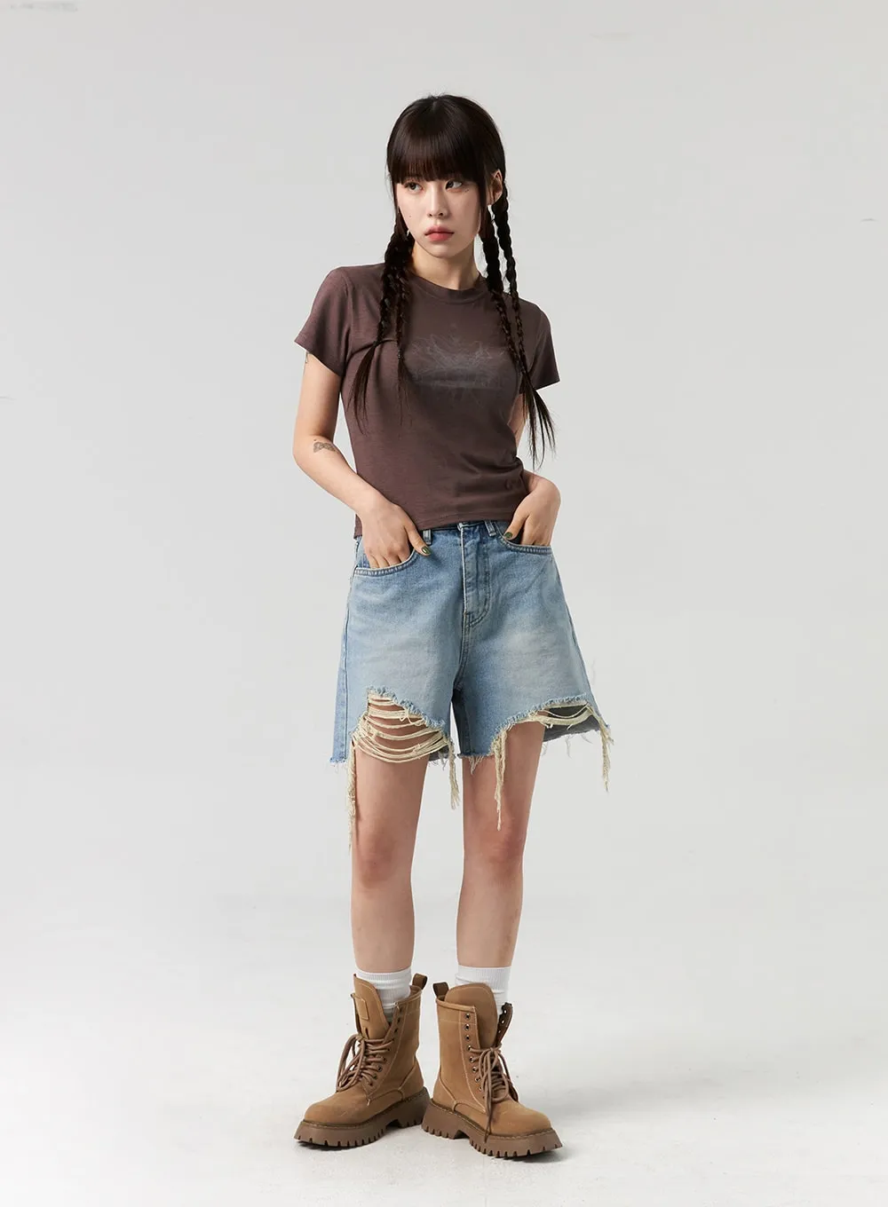 Ripped Hem Wide Leg Shorts CL327