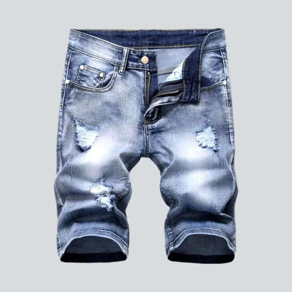 Ripped slim men's denim shorts