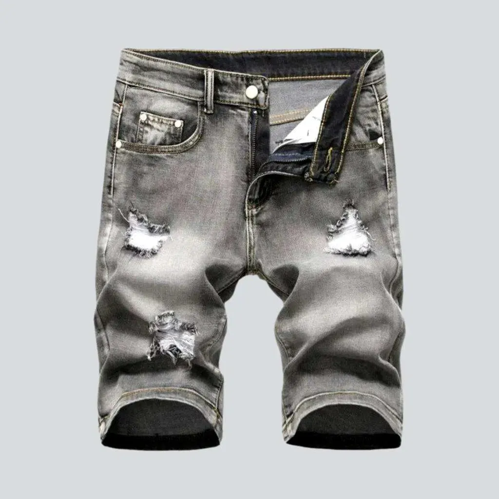 Ripped slim men's denim shorts