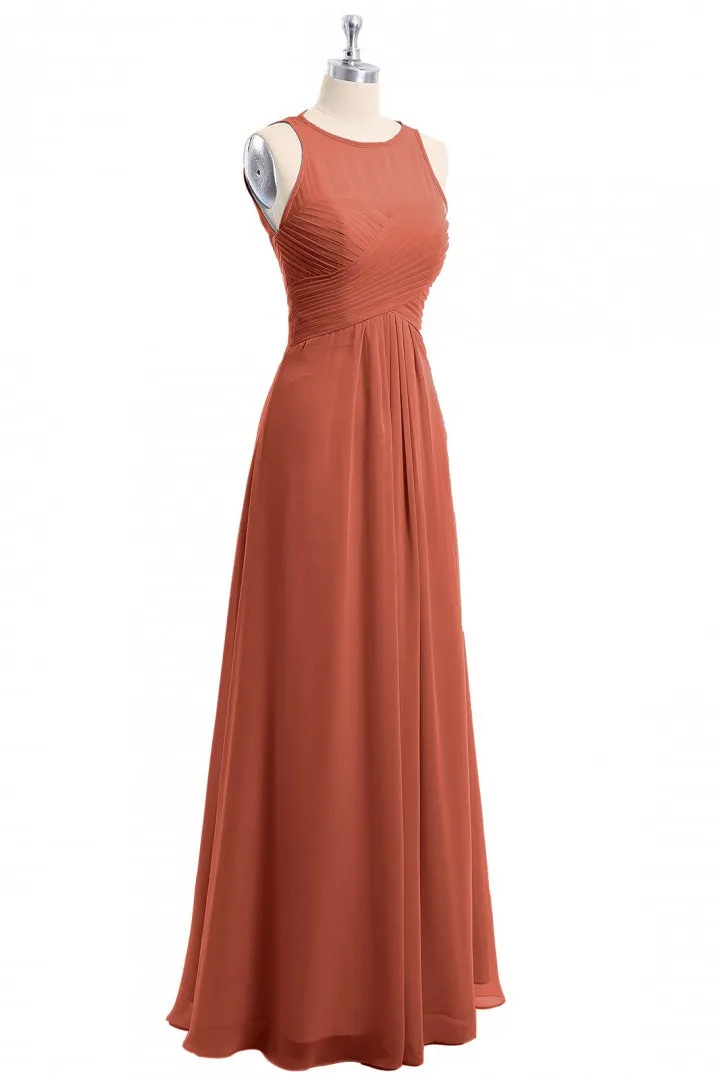 Rust Orange Crew Neck Backless A-Line Long Bridesmaid Dress