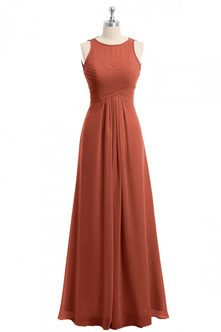 Rust Orange Crew Neck Backless A-Line Long Bridesmaid Dress