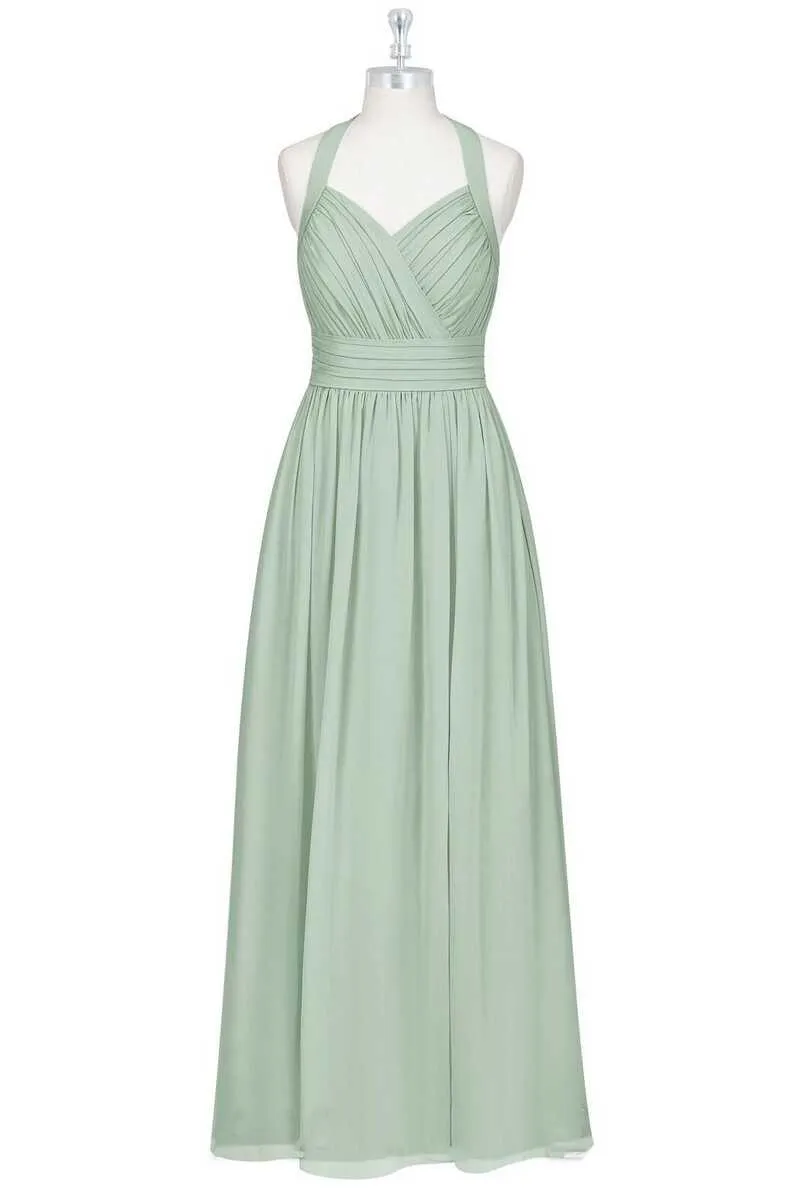 Sage Green Chiffon Halter Backless A-Line Bridesmaid Dress