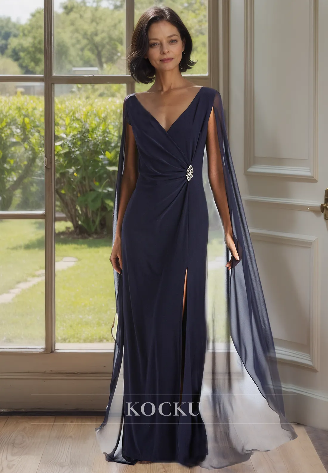 Simple & Causal V-Neck Sheath Slit Ruched Satin Cocktail Dress with Beads Mother of the Bride Dress