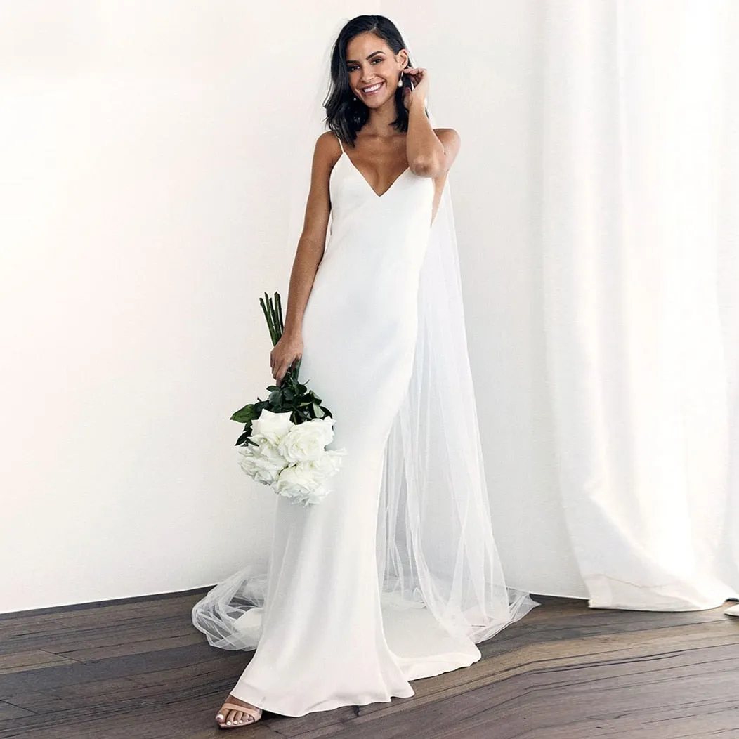 Slender Boho Beach Bridal Chiffon Mermaid Slip Wedding Dress