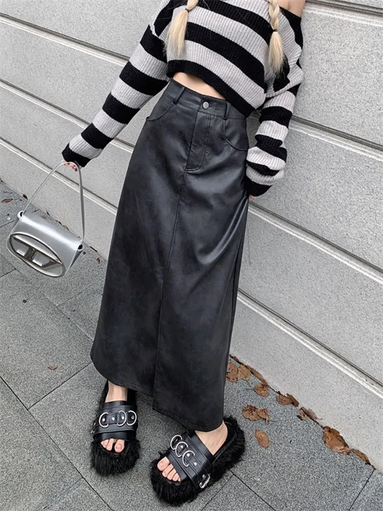 Slit PU high waist half retro long skirt