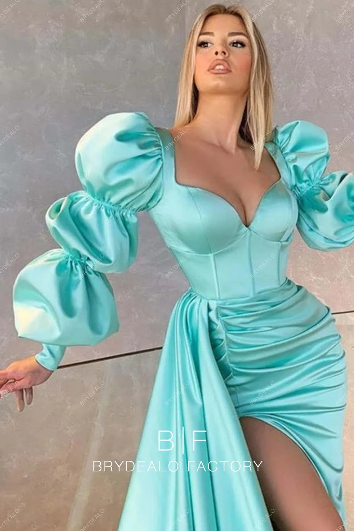 Spa Blue Satin Marie Sleeve Sweetheart Neck Slit Long Prom Dress