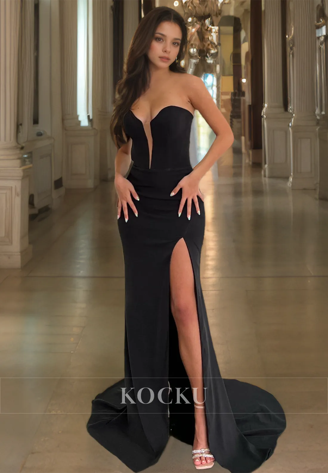 Sweetheart Sheath Formal Gowns Sleeveless High Split Satin Prom Dress with Sweep Train