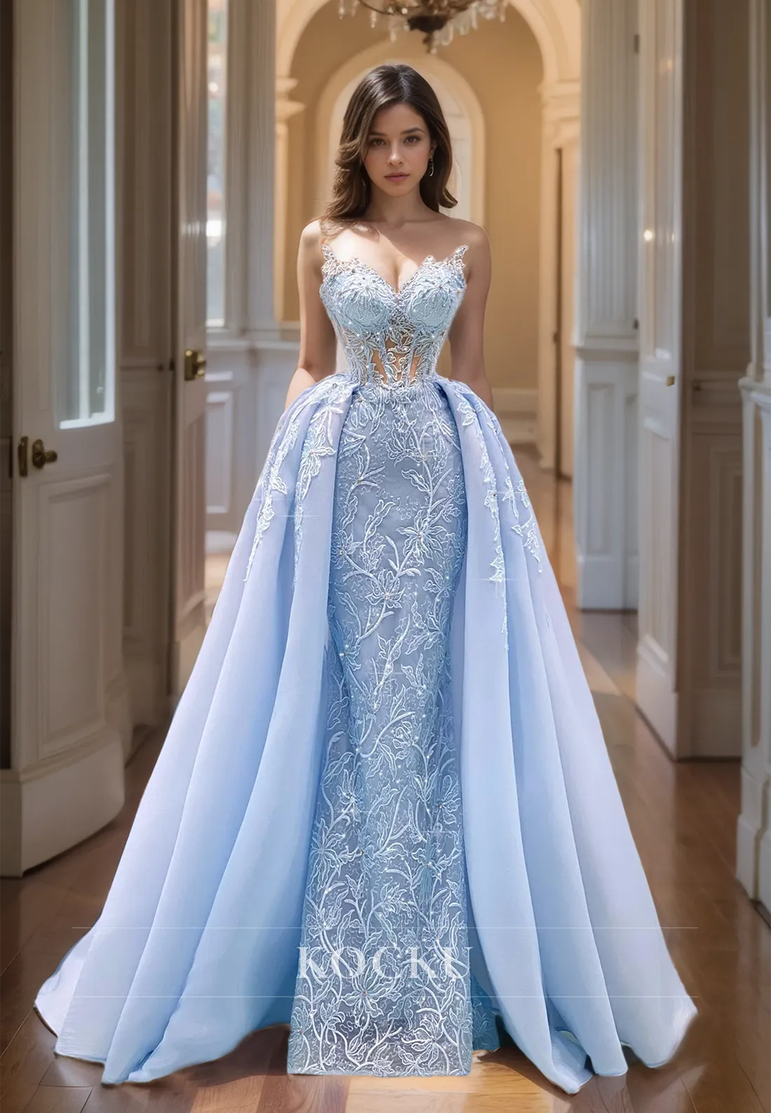 Sweetheart Sheath Sleeveless Floor-Length Appliques Lace Prom Dress with Overskirt Formal Gowns