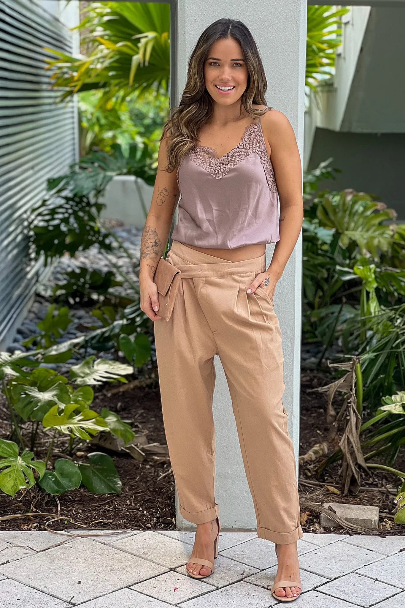 Taupe Unbalanced Button Cropped Pants