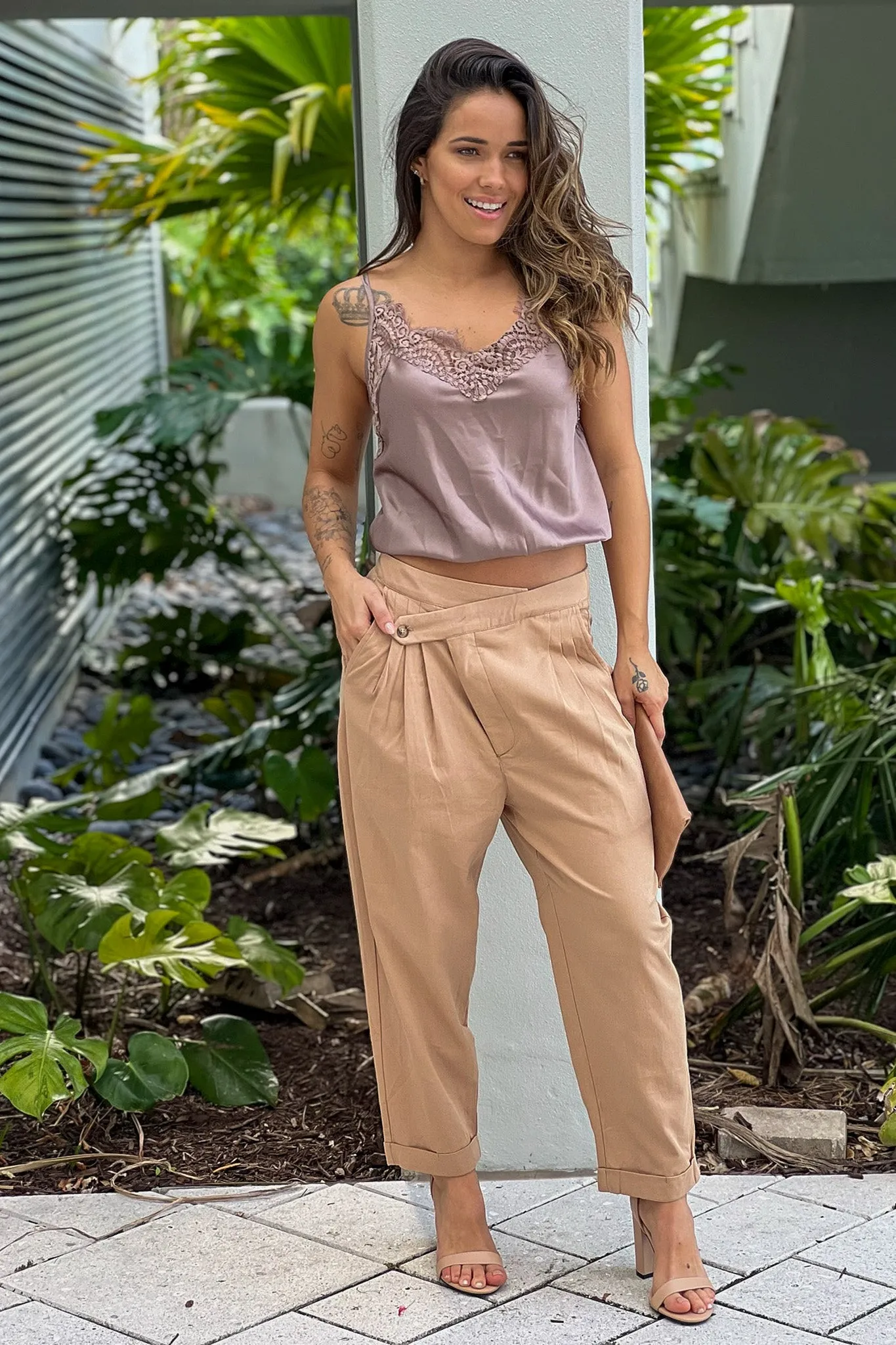 Taupe Unbalanced Button Cropped Pants