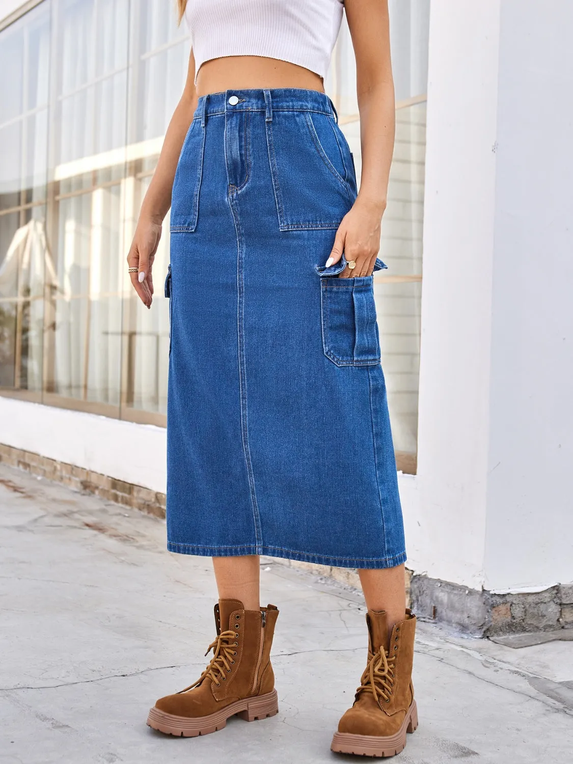 TEEK - Slit Denim Pocketed Skirt