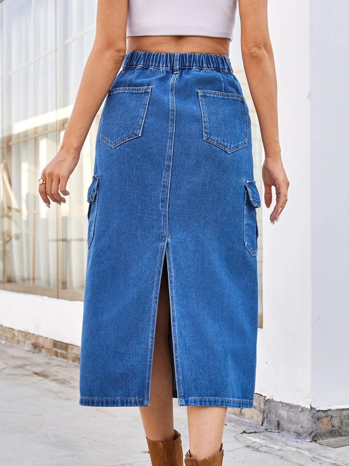 TEEK - Slit Denim Pocketed Skirt