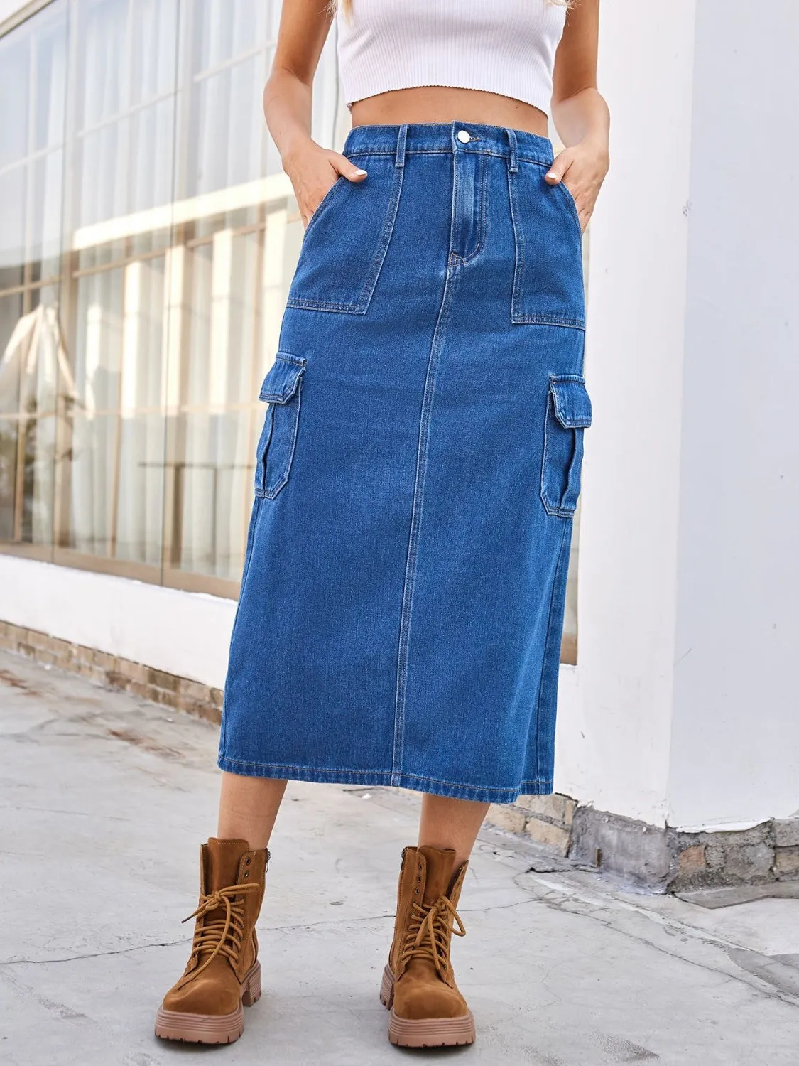 TEEK - Slit Denim Pocketed Skirt